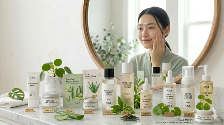 ingredientes del skincare coreano como centella asiatica aloe vera y productos K-Beauty