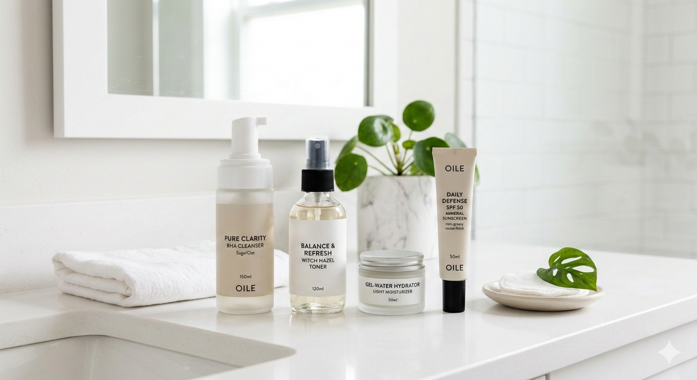 rutina de skincare para piel grasa con productos de cuidado facial