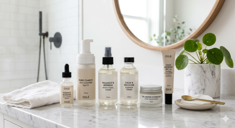 Productos usados en una rutina de skincare para piel seca sobre un lavamanos con luz natural