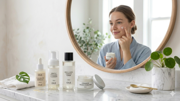 rutina de skincare para piel sensible aplicando crema hidratante